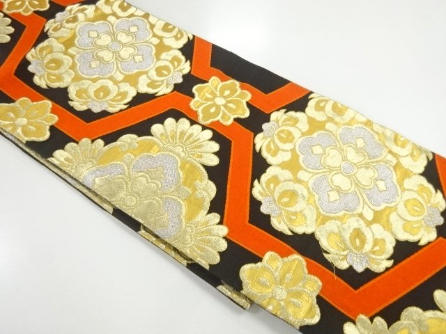 JAPANESE KIMONO / ANTIQUE FUKURO OBI / SILK / WOVEN FLORAL CREST